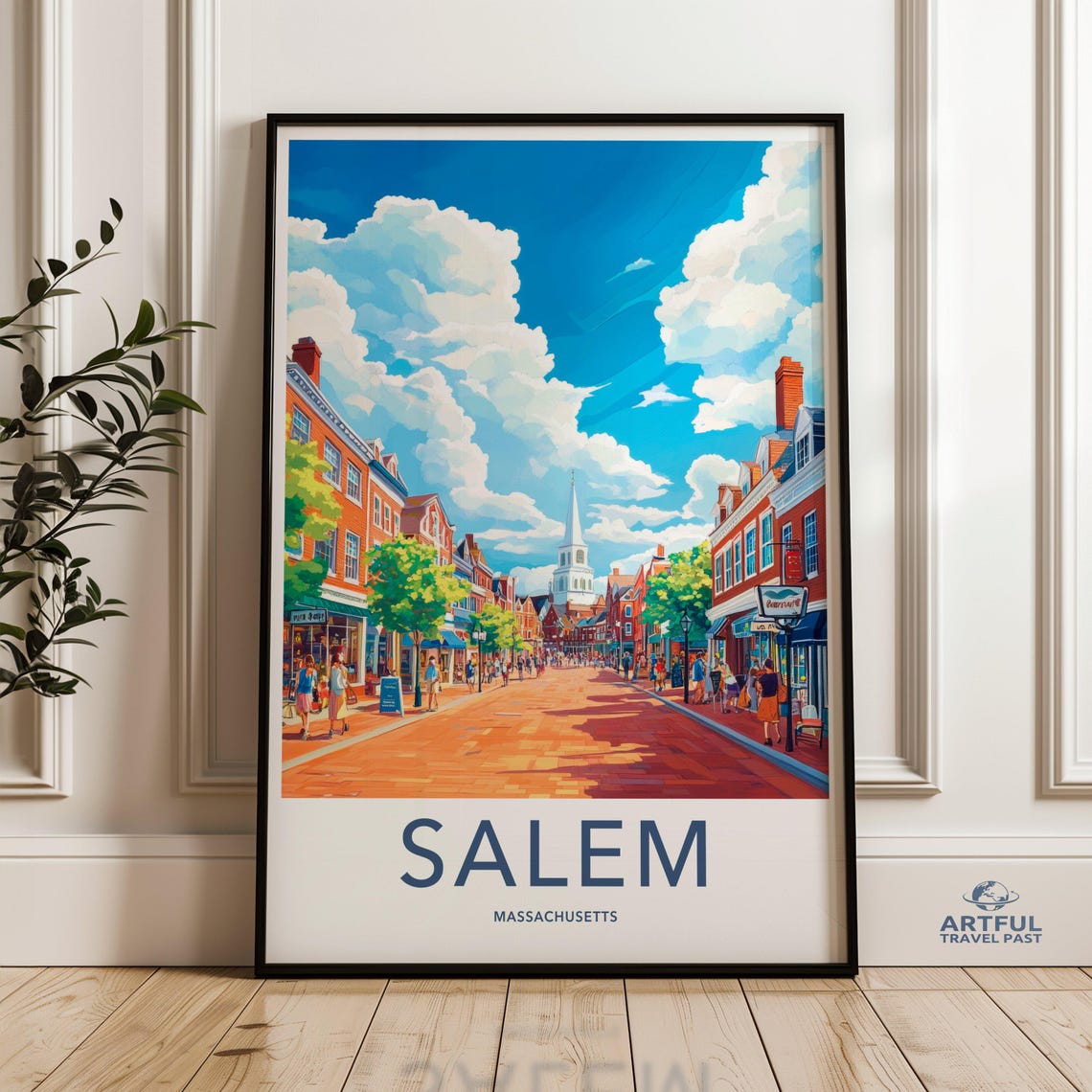 Vibrant Salem Massachusetts Wall Art Historic Downtown Scene Print Colorful Cityscape Illustration Home Decor