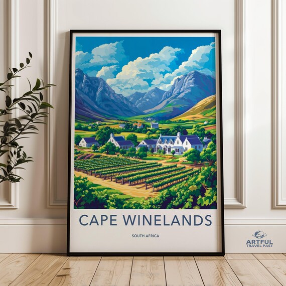 Cape Winelands Estate Poster with Vineyard and Mountain Valley South Africa