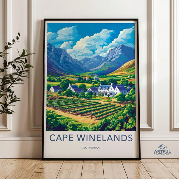 Cape Winelands South Africa Wall Art Vineyard Landscape Print Scenic Poster Decor Beautiful Countryside Illustration