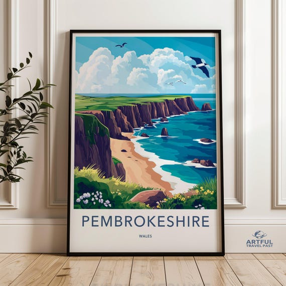 Pembrokeshire Coastal Wall Art Wales Beach Landscape Print Ocean View Poster Scenic Seaside Decor Nautical Cliff Illustration