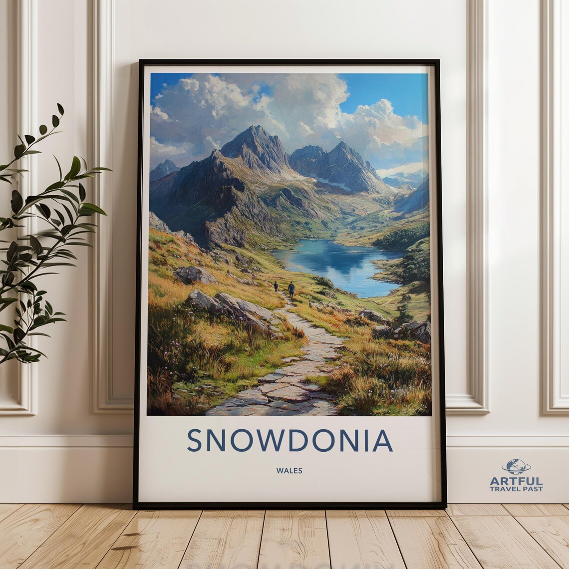 Snowdonia Wales Hiking Trail Lake Peaks Vintage Travel Style Poster