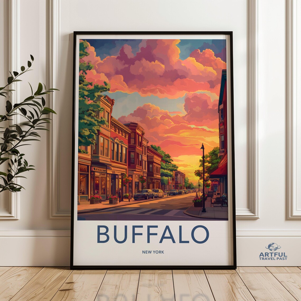 Buffalo New York Retro Travel Sunset Street Scene Colorful Poster
