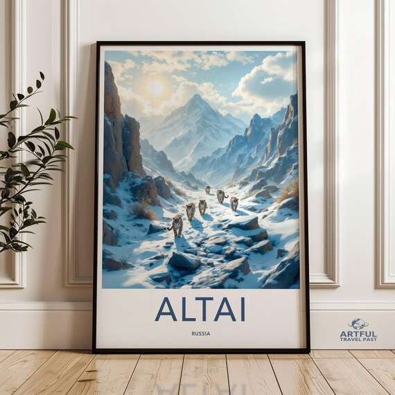 Snow Leopard Mountain Landscape Wall Art Print Altai Russia Wildlife Photography Scenic Winter Nature Poster Rustic Home Decor