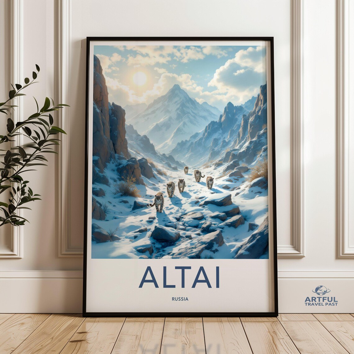 Altai Russia Snow Leopard Mountains Travel Poster Wildlife Snow Art