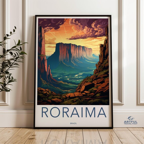 Roraima Brazil Travel Poster Tepui Mountain Sunset Landscape Art