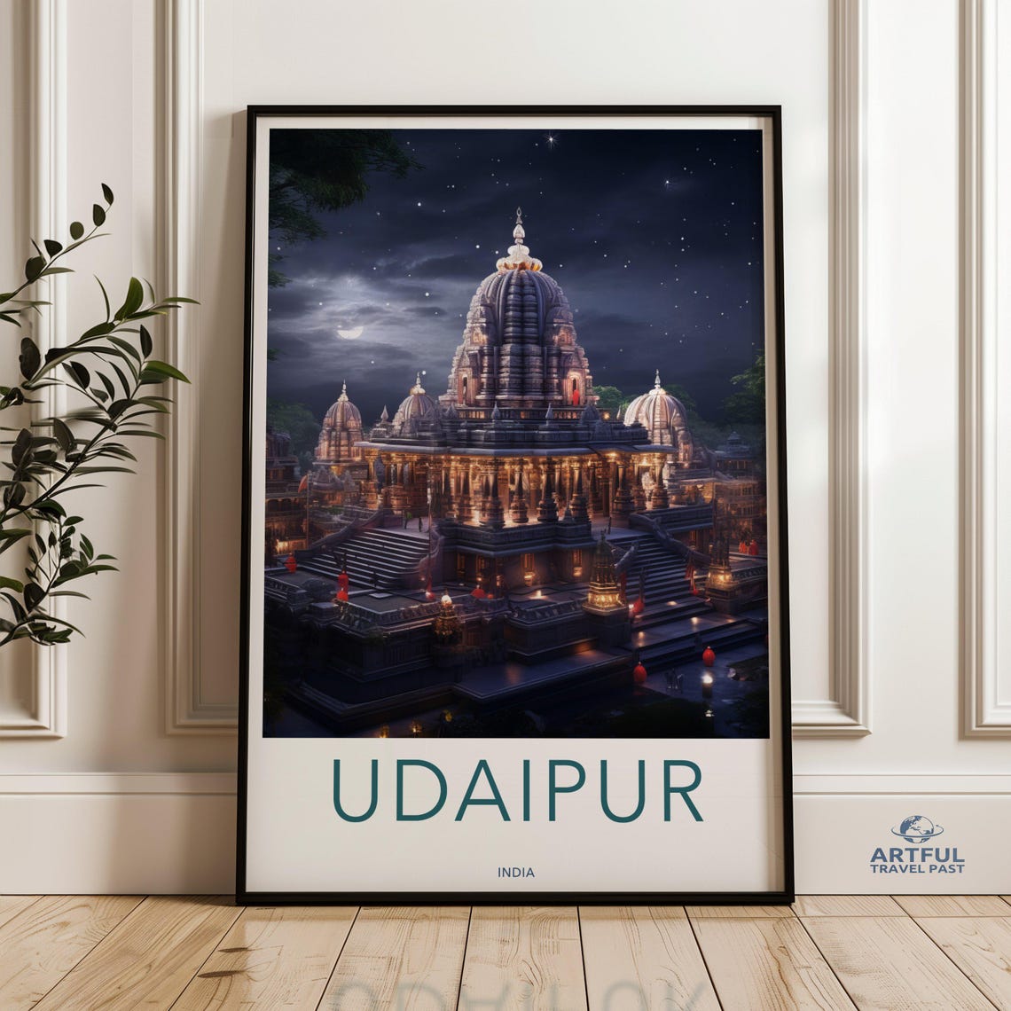Udaipur India Illuminated Temple Night Starry Sky Travel Poster