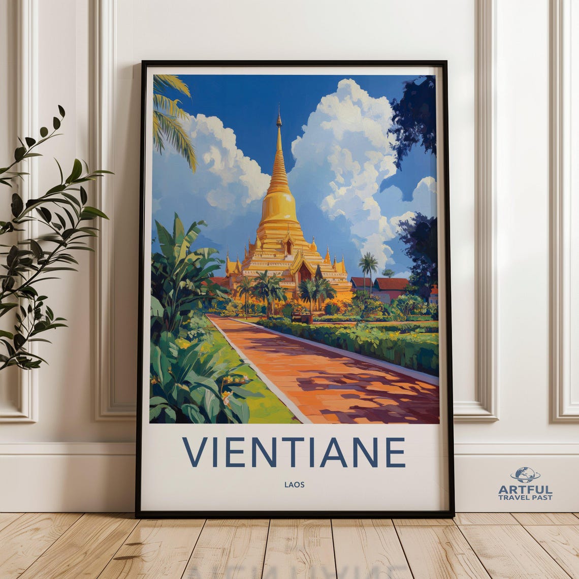 Vientiane Laos Golden Stupa Temple Tropical Garden Travel Poster