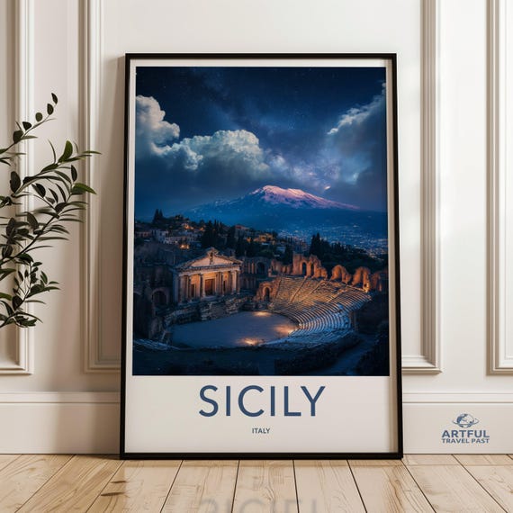 Sicily Night Skyline Wall Art Print Stunning Italy Landscape Poster Ancient Ruins Decor Unique Home Office Artwork