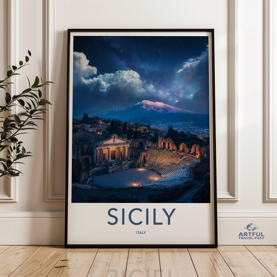 Sicily Night Skyline Wall Art Print Stunning Italy Landscape Poster Ancient Ruins Decor Unique Home Office Artwork