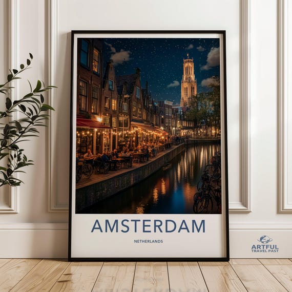 Amsterdam Wall Art Print Night Cityscape Canal Scene European Urban Decor Netherlands Photography Scenic Home