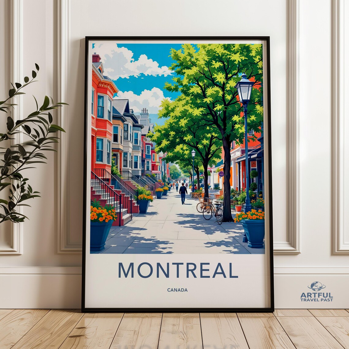 Montreal Canada Leafy Residential Street Rowhouses Travel Poster