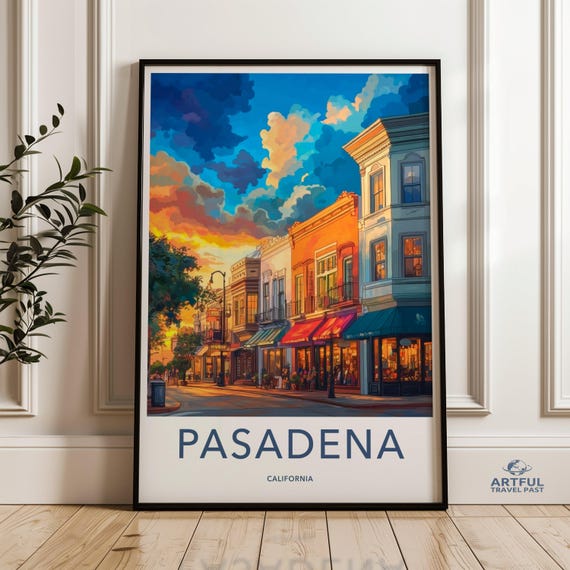Pasadena Wall Art Vintage Cityscape Print Sunset Skyline Decor Urban Scene Downtown Artwork Vibrant Street Illustration