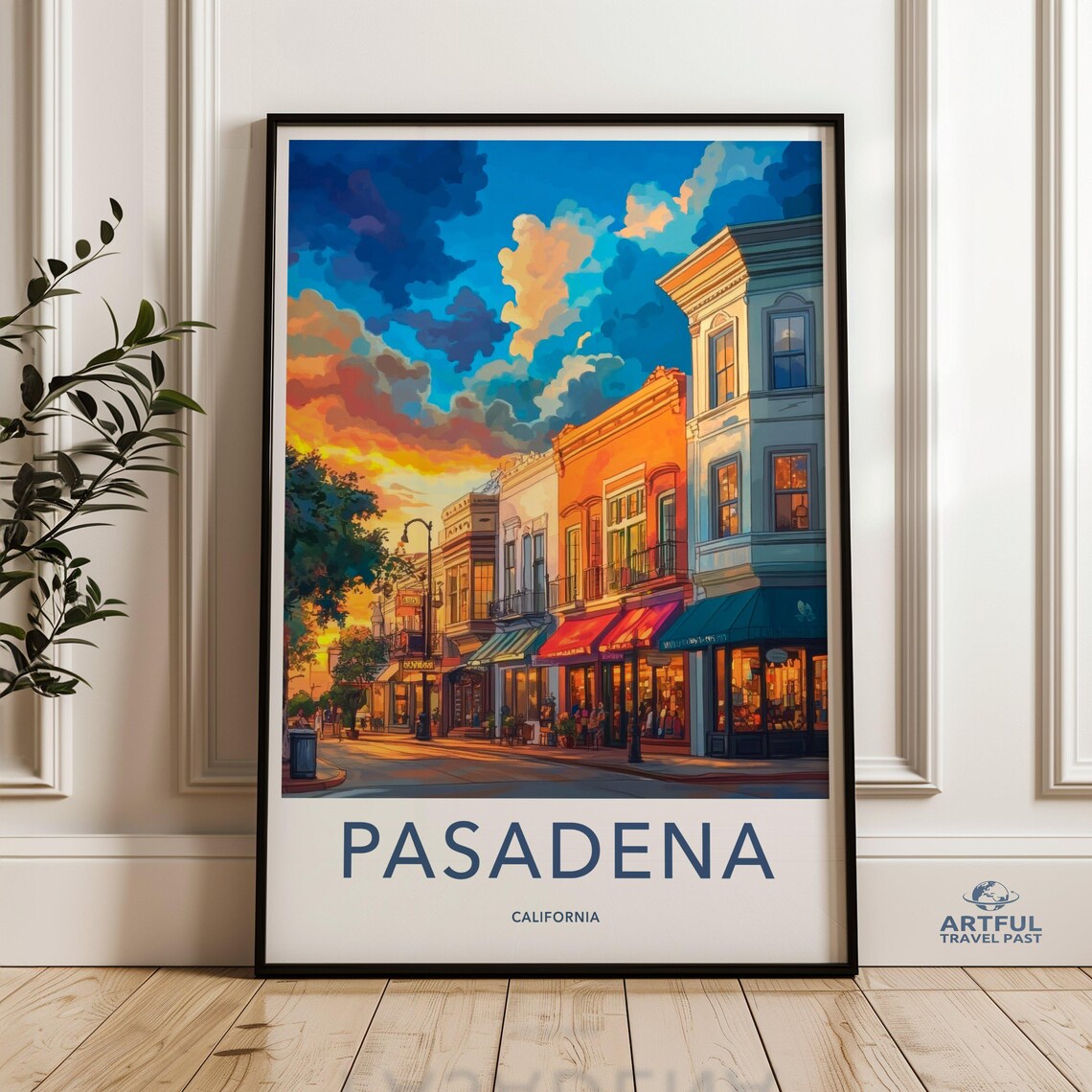 Pasadena California Old Town Street Sunset Vintage Travel Poster