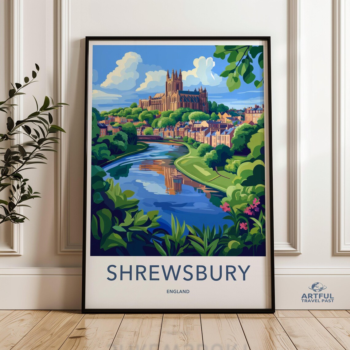 Shrewsbury England Cathedral River View Old Town Vintage Travel Poster
