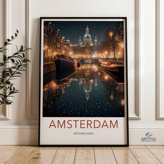 Amsterdam Cityscape Wall Art Nighttime Canal Reflection Print Scenic Home Decor Travel Photography Poster Netherlands