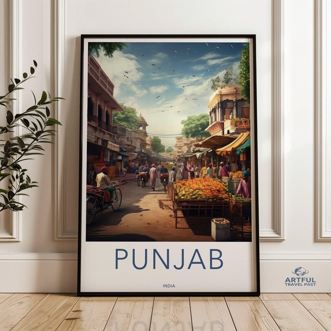 Punjab Market Scene Travel Poster, Cultural Landmark