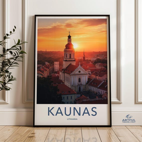 Kaunas Lithuania Cityscape Wall Art Sunset Over Historical Buildings European Travel Destination Scenic City Print