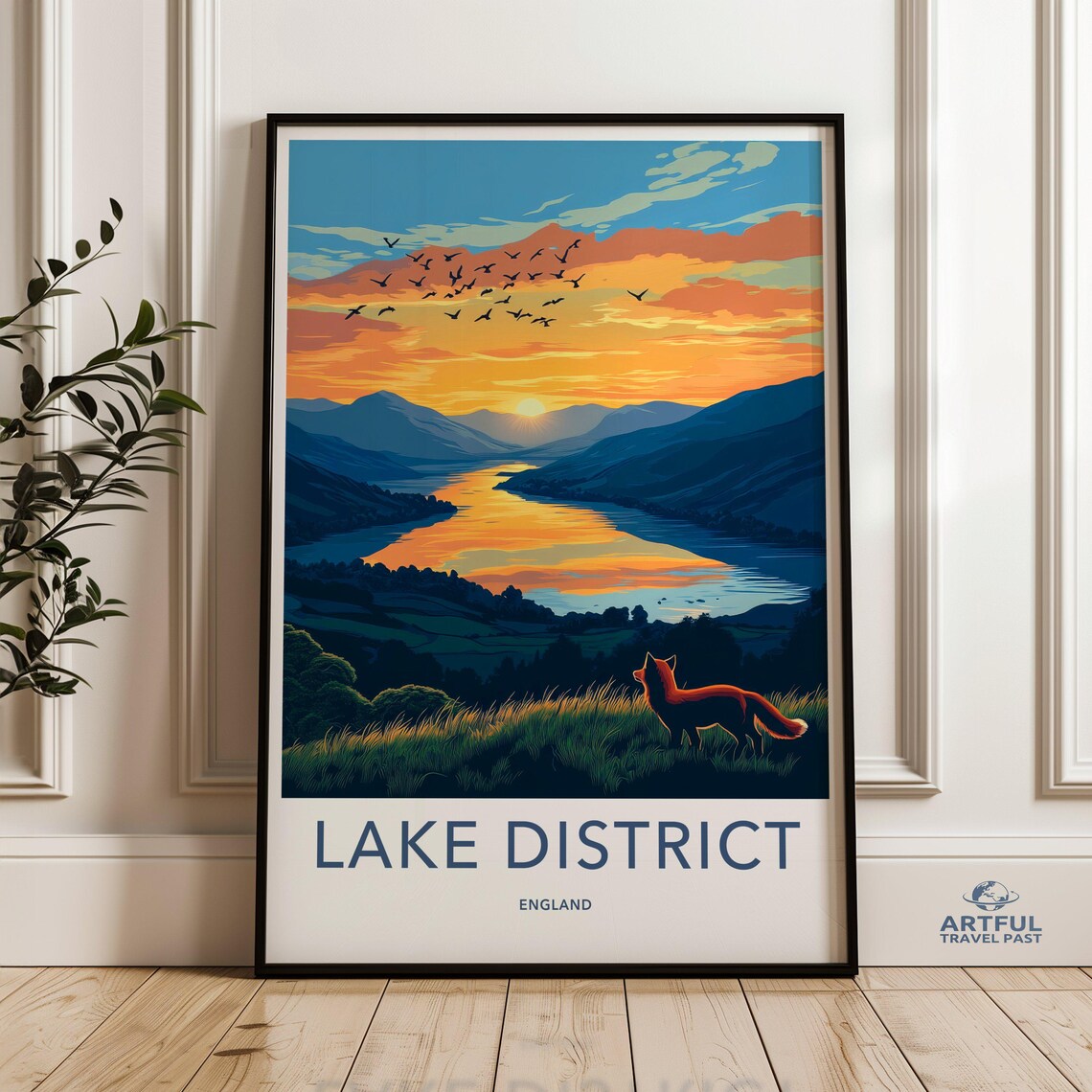 Lake District England Sunset Fox Birds Vintage Travel Poster