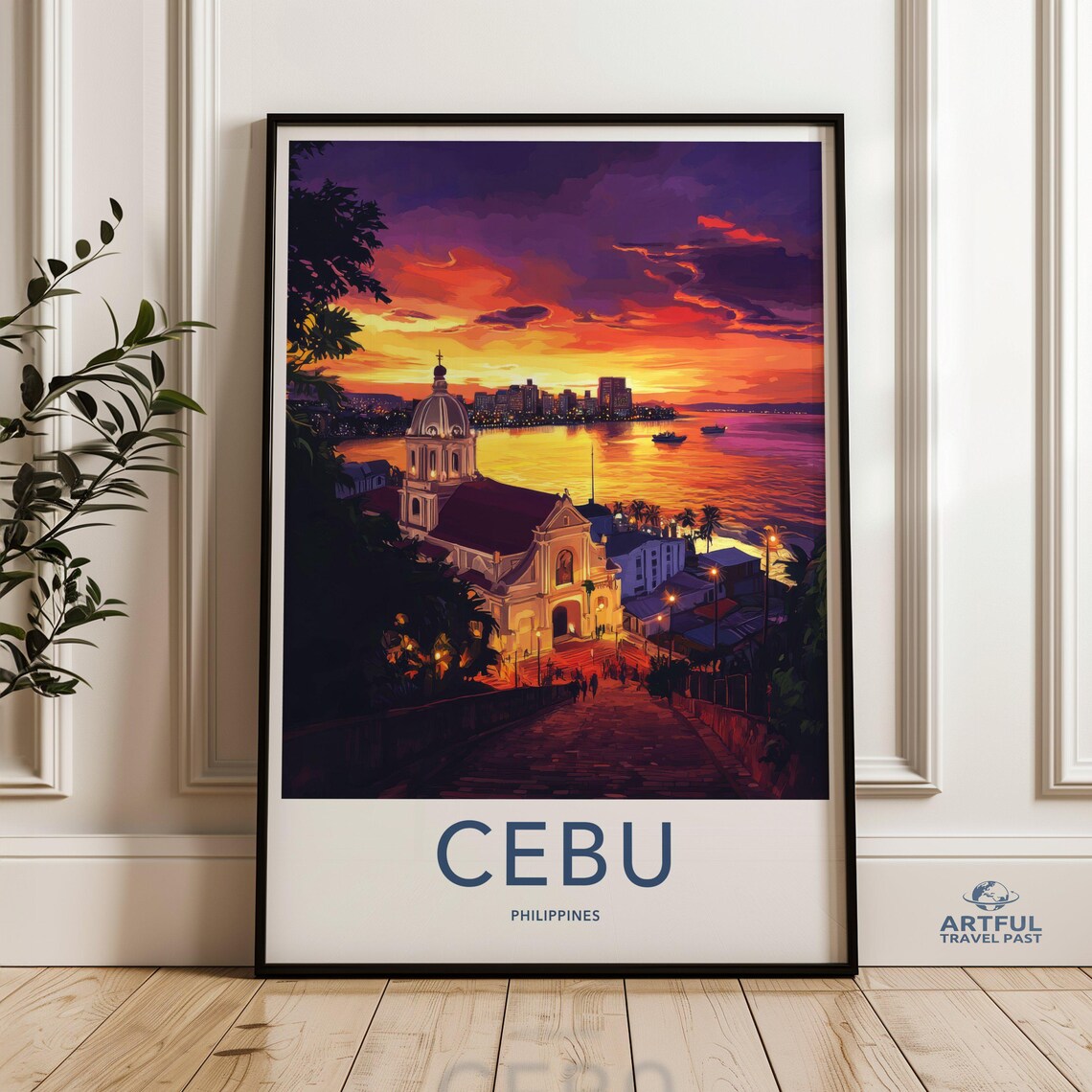 Old Cebu Philippines Sunset Harbor Church Vintage Travel Poster