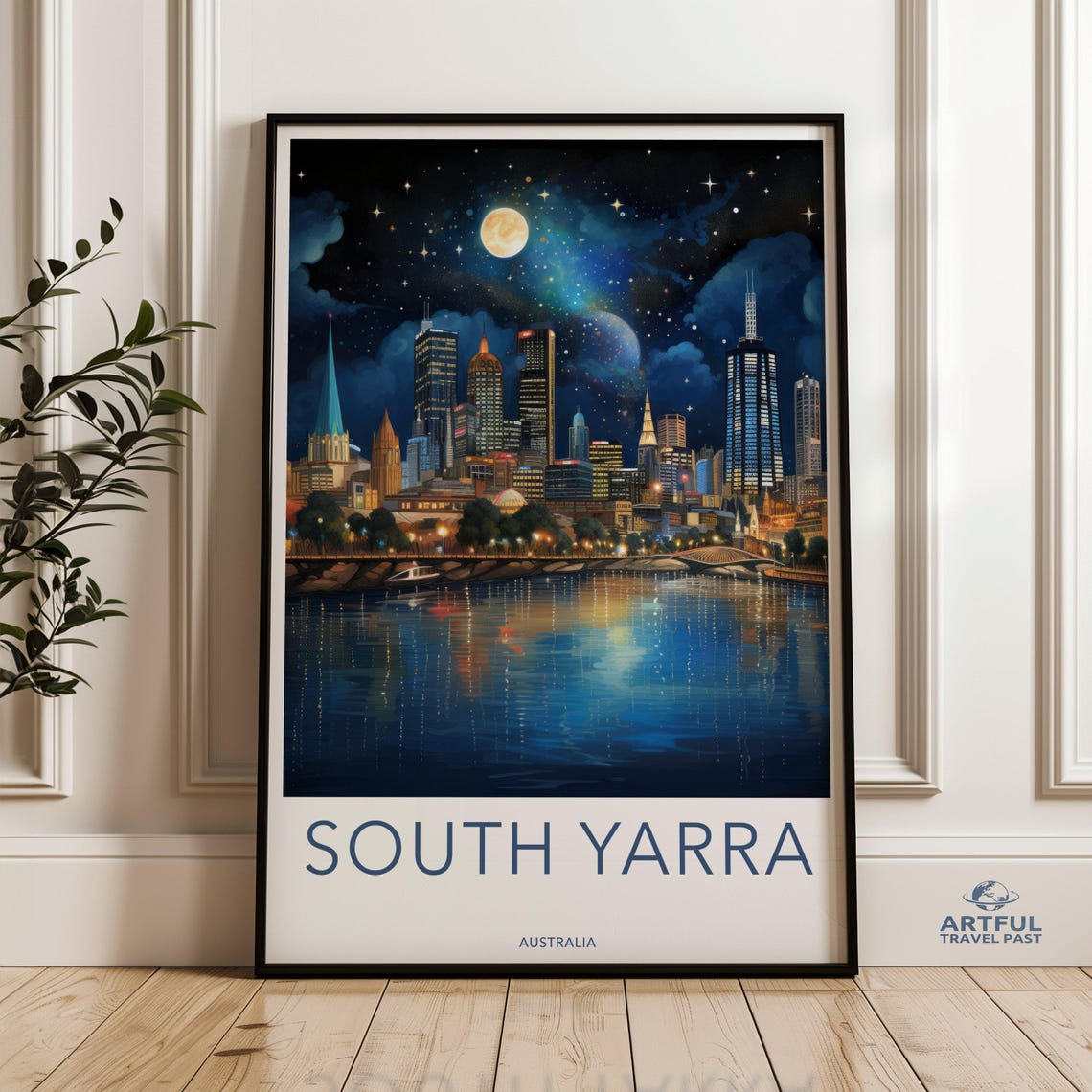 South Yarra Melbourne Moonlit Skyline River Night Travel Poster