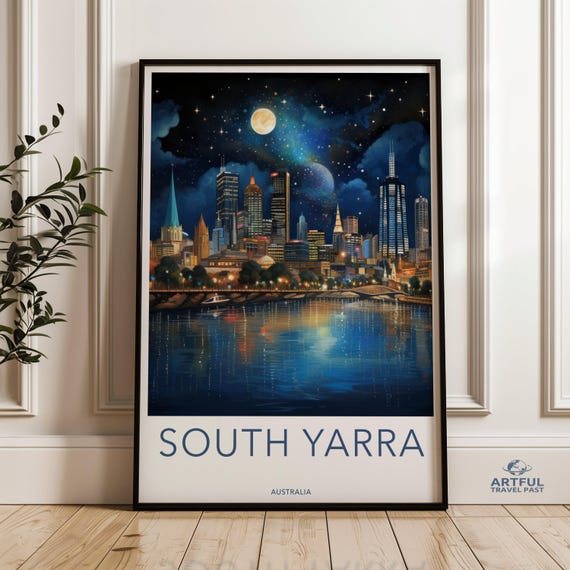 South Yarra Melbourne Wall Art Print City Nightscape Poster Beautiful Moonlit Skyline Water Reflection Decor