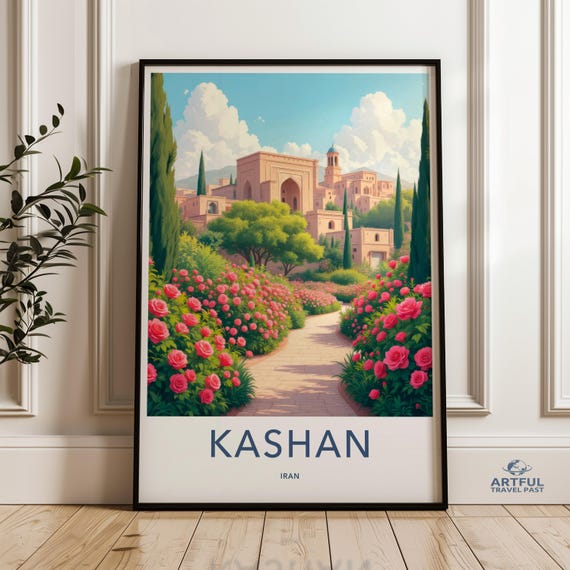 Kashan Cityscape Wall Art Iran Travel Poster Rose Garden Illustration Scenic Decor Floral Landscape Print