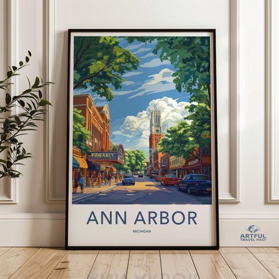 Ann Arbor Wall Art Print Michigan Cityscape Poster Vibrant Street Scene Decor Colorful Urban Landscape Painting
