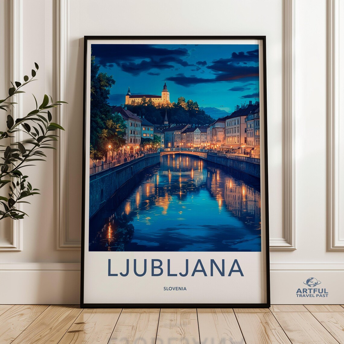 Ljubljana Slovenia Night River Castle Travel Poster City Lights