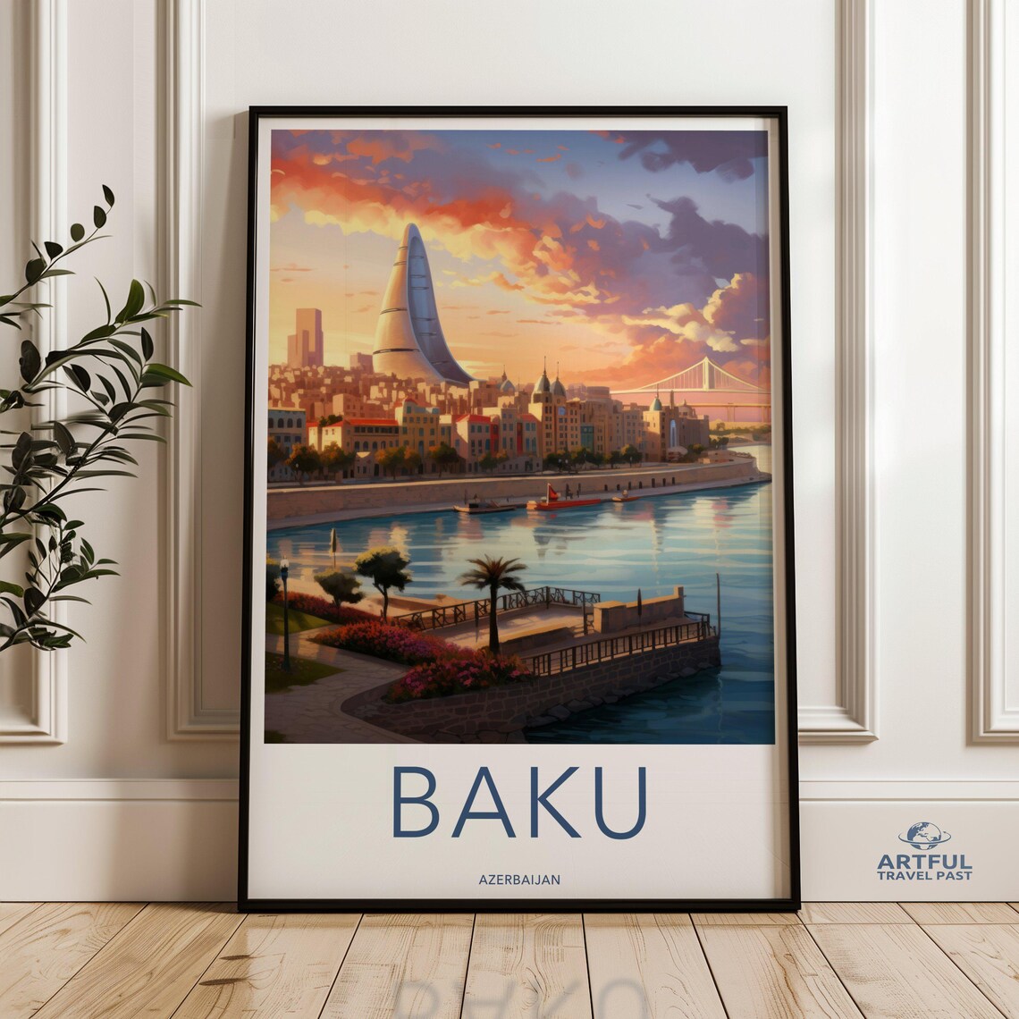 Baku Azerbaijan Flame Towers Sunset Waterfront Vintage Travel Poster