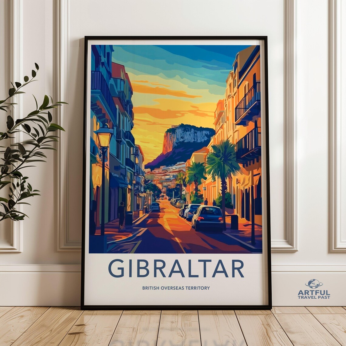 Gibraltar British Overseas Territory Sunset Street Scene Travel Poster