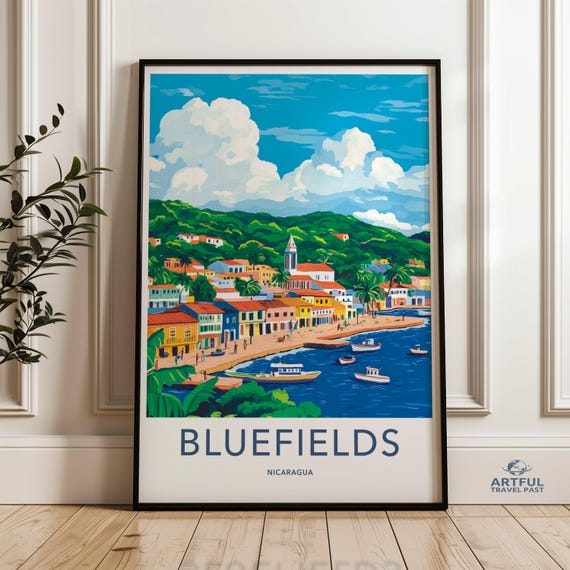 Bluefields Nicaragua Poster Colorful Coastal Town Artwork Unique Travel Gift Vibrant Waterfront Scene Architectural Print