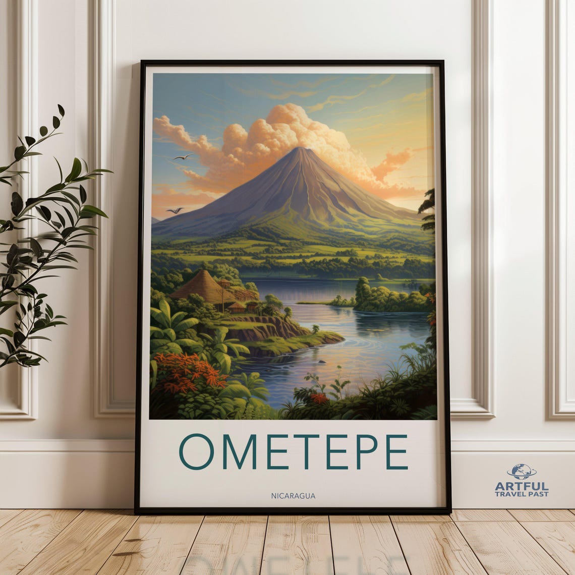 Ometepe Nicaragua Towering Volcano Clouds Lake Vintage Travel Poster