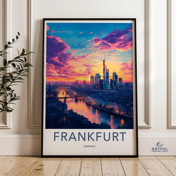 Frankfurt Germany Cityscape Urban Skyline Wall Art Sunset View Poster German City Decoration Vibrant Print