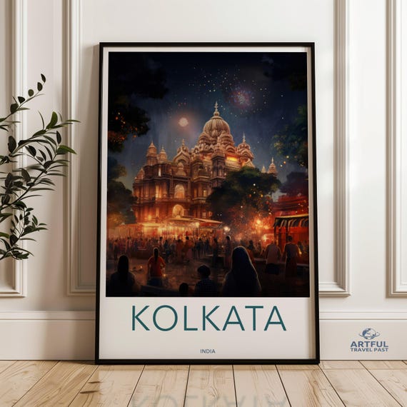 Kolkata India Night Scene Wall Art Vibrant Cityscape Print Illuminated Architecture Poster Fireworks Temple Decor