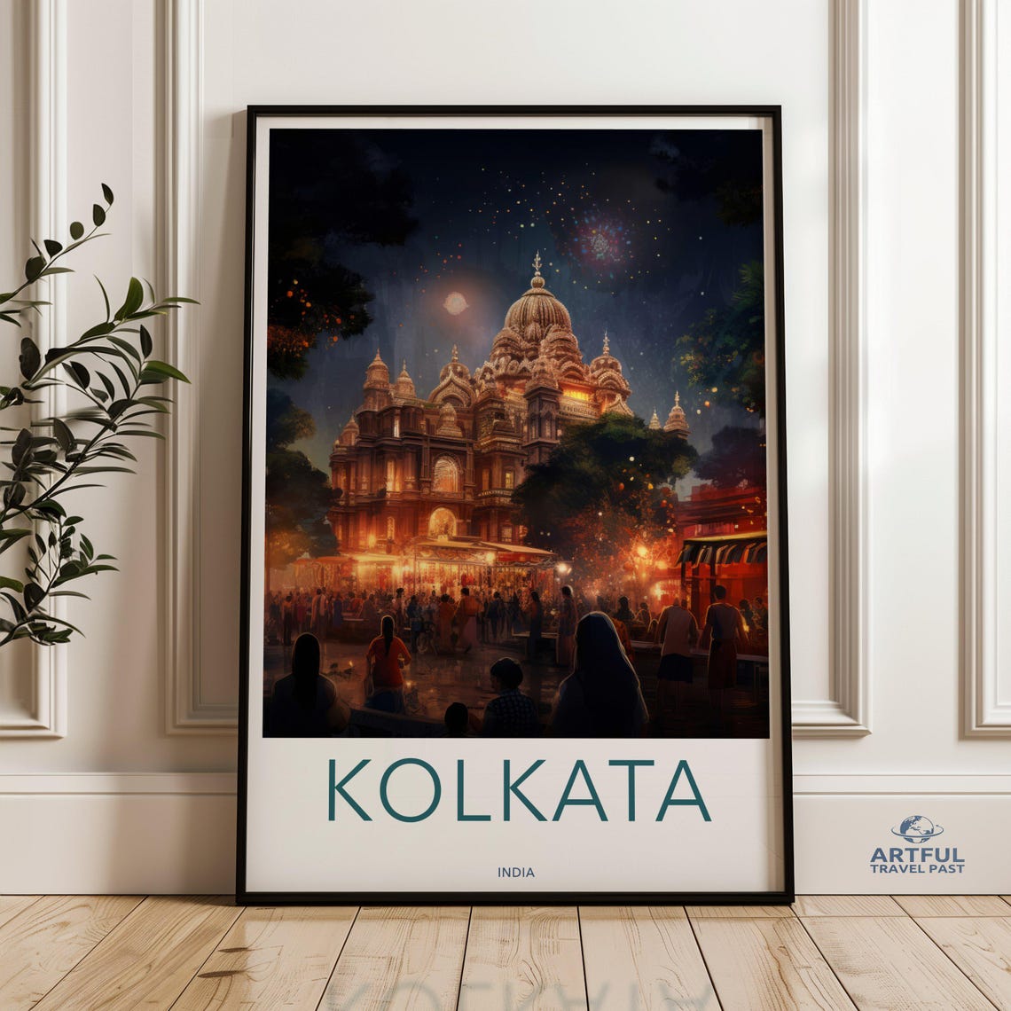 Kolkata India Night Scene Wall Art Vibrant Cityscape Print Illuminated Architecture Poster Fireworks Temple Decor