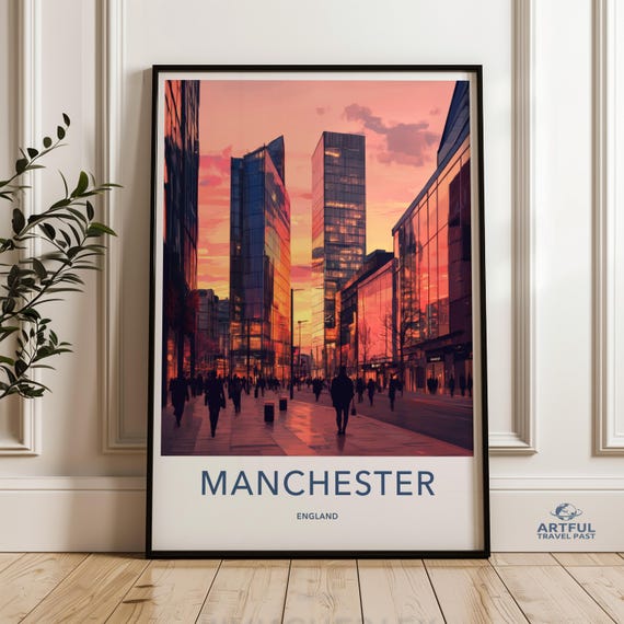Manchester Cityscape Poster Urban Wall Art Modern Street Scene Print England Artwork Contemporary Home Decor