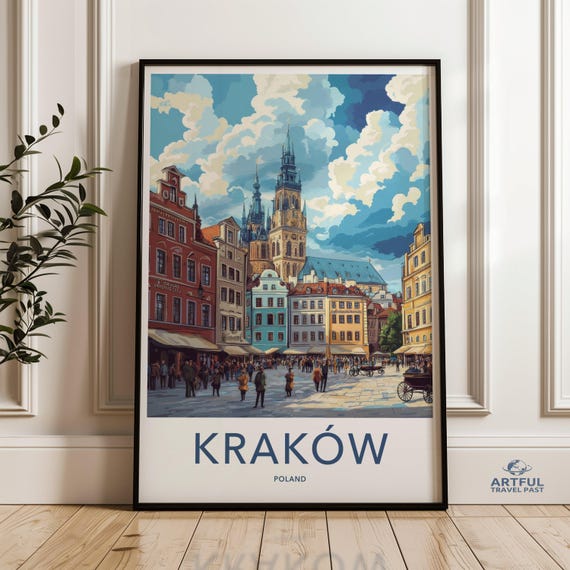Krakow Poland Wall Art Cityscape Print Historical Architecture Poster European Travel Decor Old Town Illustration