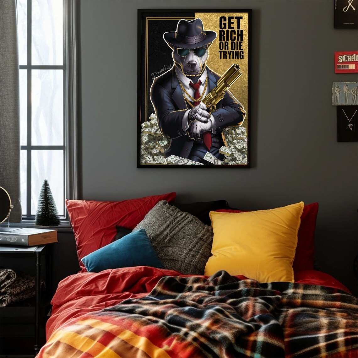 Get Rich Or Die Trying Gangster Dog Suit Gold Gun Money Poster - Image 3