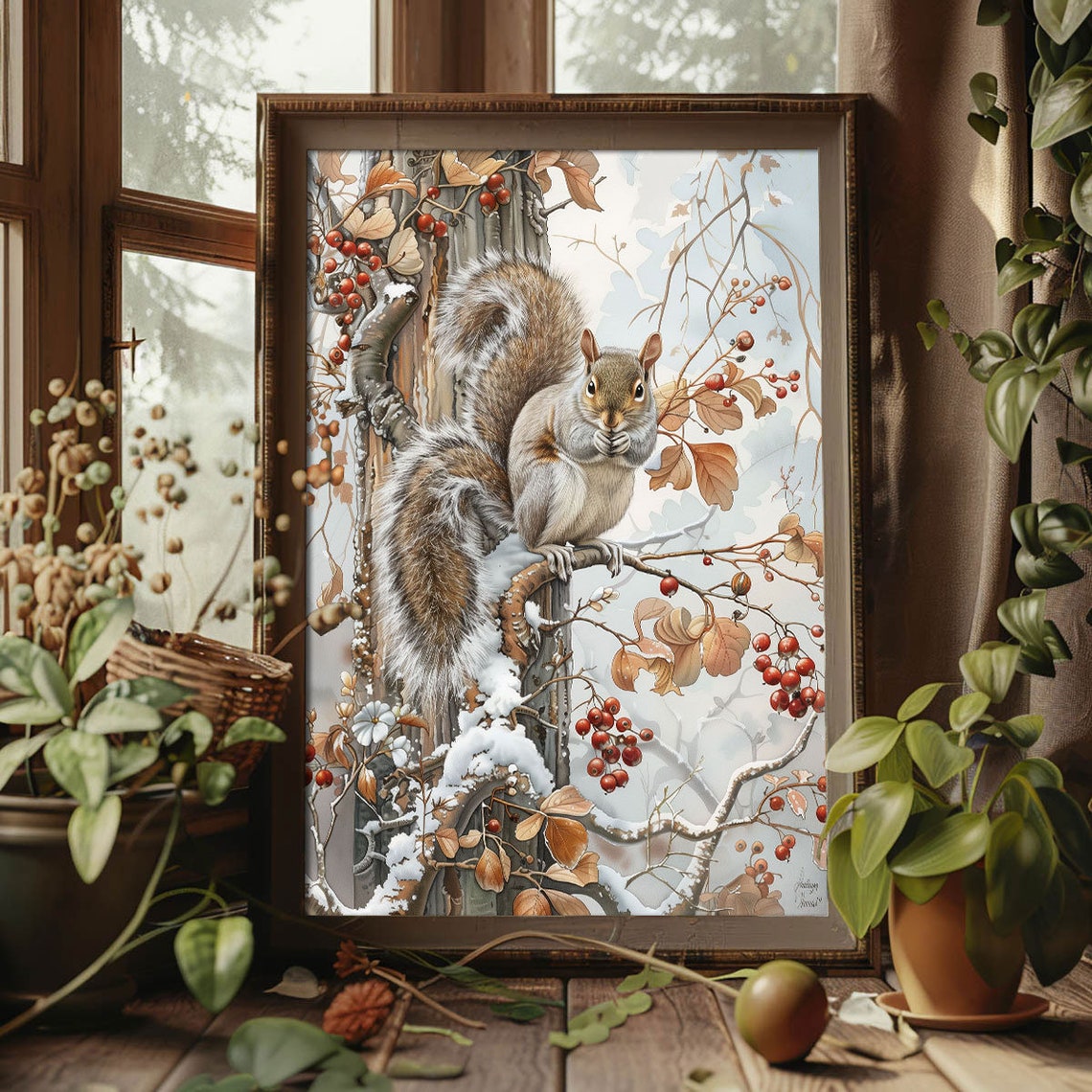 Squirrel On Snowy Branch Red Berries Winter Woodland Art Poster - Image 3