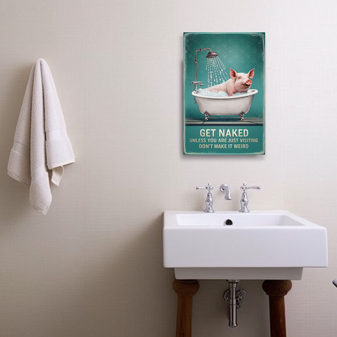 Get Naked Pig In Bathtub Funny Vintage Bathroom Decor Poster - Image 3