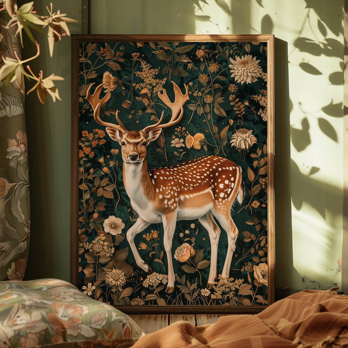 Golden Spotted Deer Stag In Enchanted Floral Forest Elegant Art Poster - Image 4
