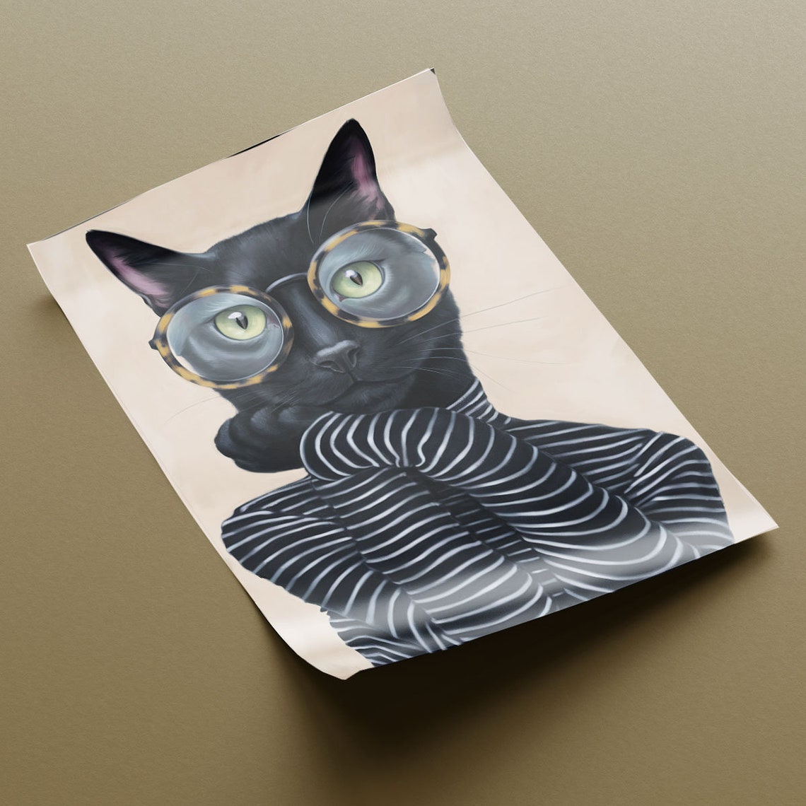 Black Cat Wearing Round Glasses And Striped Turtleneck Fun Cat Poster - Image 2