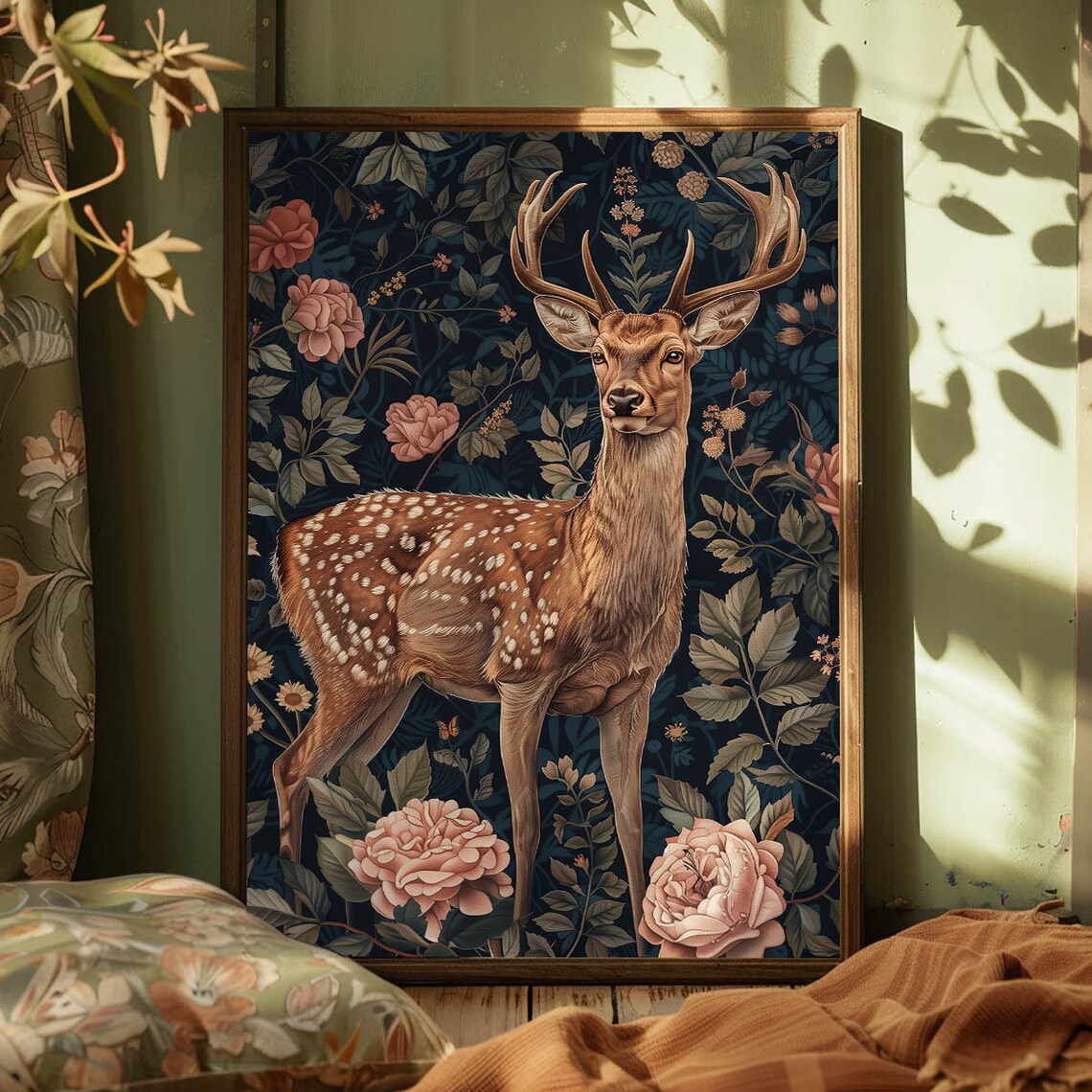 Spotted Fallow Deer Stag In Midnight Blue Floral Forest Night Art Poster - Image 4