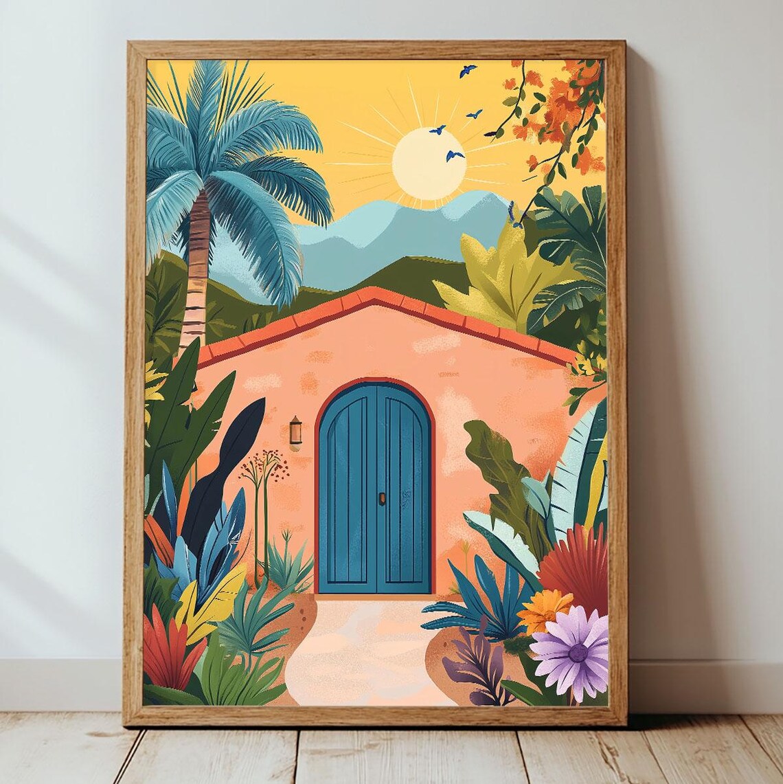 Tropical Villa With Blue Door Palm Trees Sunny Courtyard Scene Poster