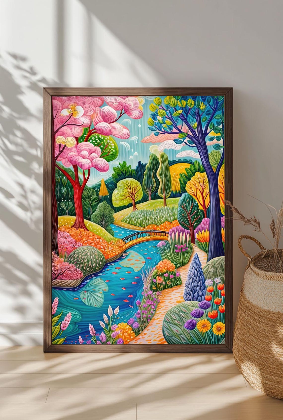 Whimsical Storybook Garden Stream Bridge Colorful Nature Wall Art - Image 4