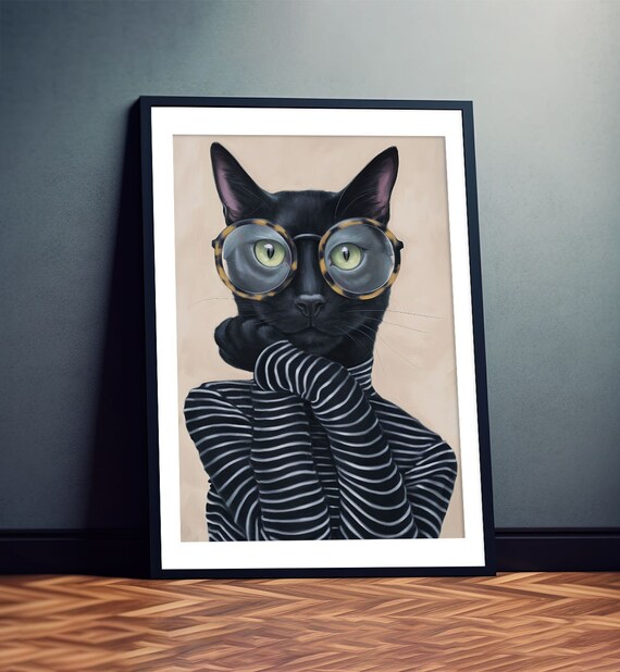 Black Cat Wearing Round Glasses And Striped Turtleneck Fun Cat Poster