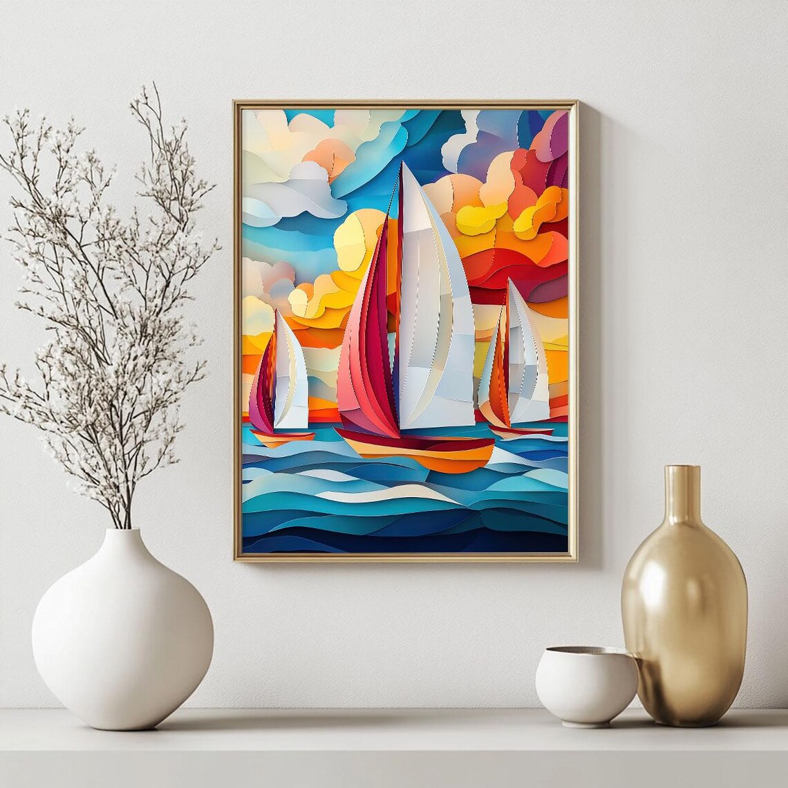 Colorful Sailboats Paper Cut Style Modern Ocean Sailing Wall Art - Image 2
