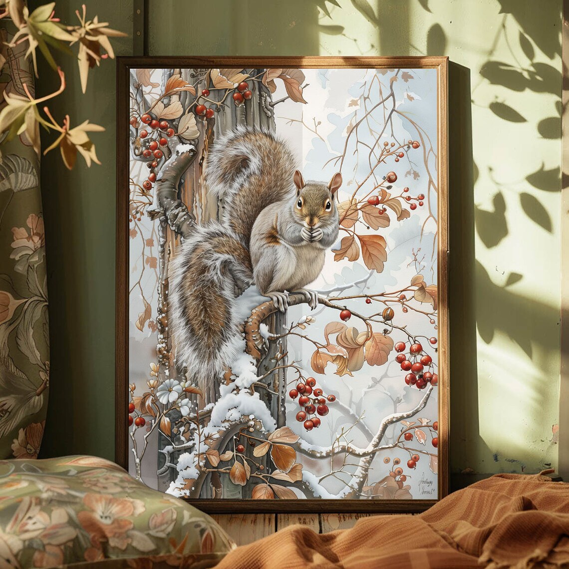 Squirrel On Snowy Branch Red Berries Winter Woodland Art Poster - Image 4