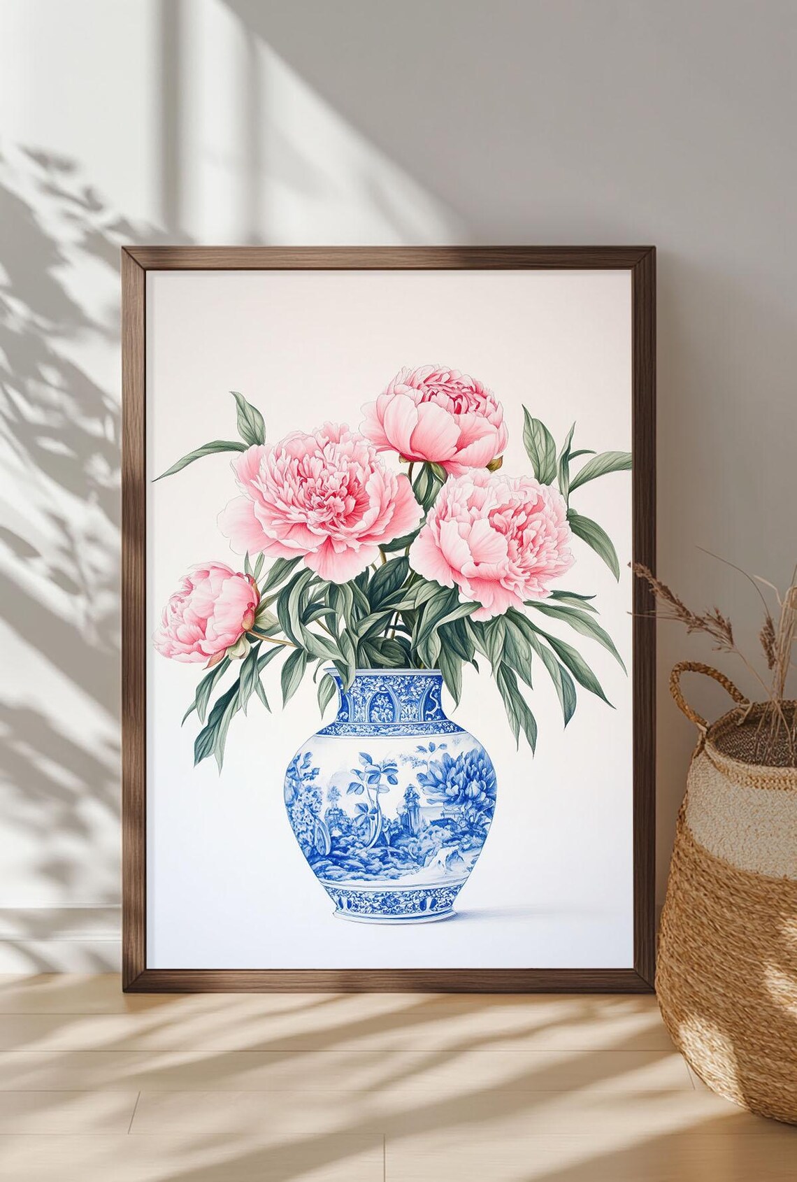 Classic Pink Peonies Blue Porcelain Vase Botanical Floral Wall Art - Image 4