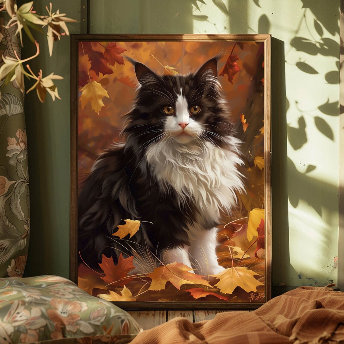 Black And White Longhaired Cat In Autumn Leaves Fall Season Art Poster - Image 4